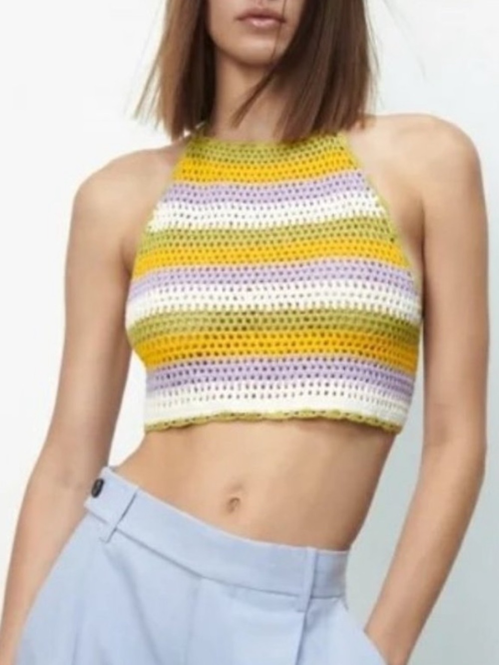 Zara Crochet Knit Strappy Halter Crop Top Festival Striped